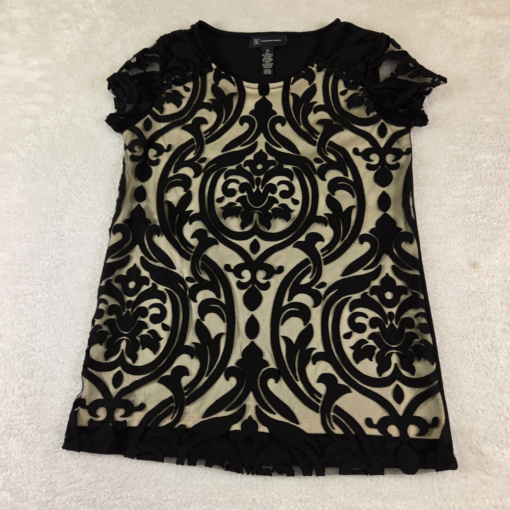INC International Concepts Womens XS Black Flocked Damask Mesh Top Short Sleeve - Picture 8 of 8